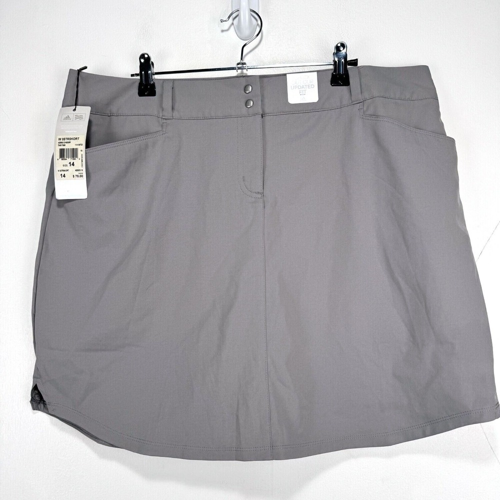Adidas 3 Stripes Golf Skort Skirt Women Size 14 Gray White Wicking Pocket Tech